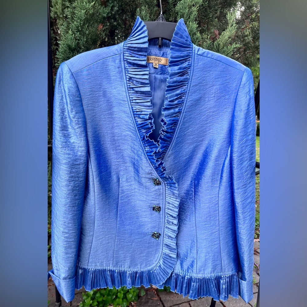 Kasper Blue 2 PC Skirt Suit, Size 18,Ruffles around jacket, jeweled buttons